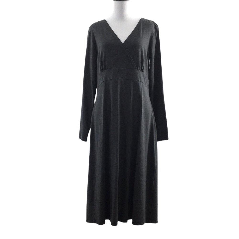 LL Bean Gray Faux Wrap Surplice Dress Womens Large Long Sleeve Midi Modest